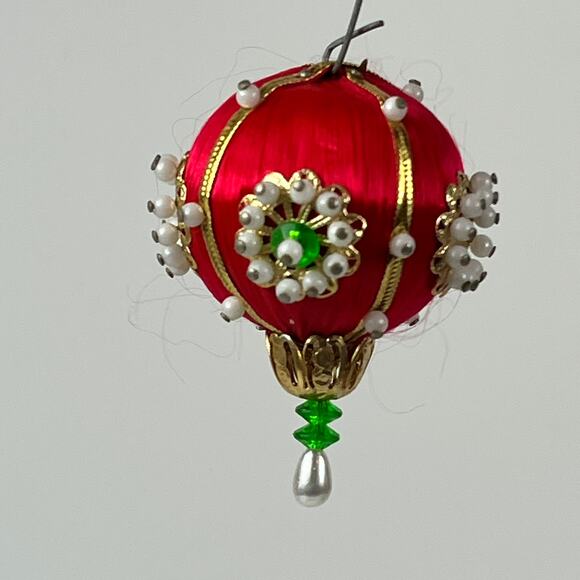 Vintage Handmade Satin Wrapped Beaded Christmas Ornament Pair 2.5‑3″ - Picture 2 of 10